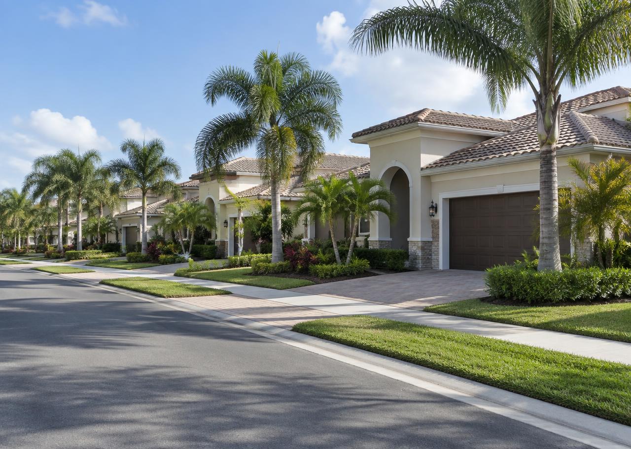 South Florida neighborhood street with clean curbs and bins returned